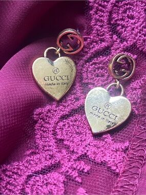 Fashion GG Gold Plated, Stainless Steel Heart Logo Drop Earrings, stud backing